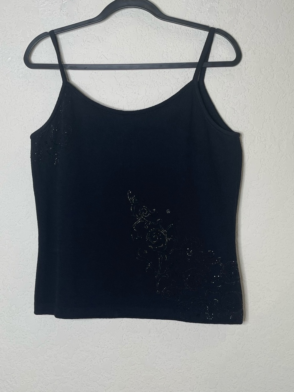 St. John Evening Black Knit Rhinestone Floral Cami Tank Size M Wool Rayon